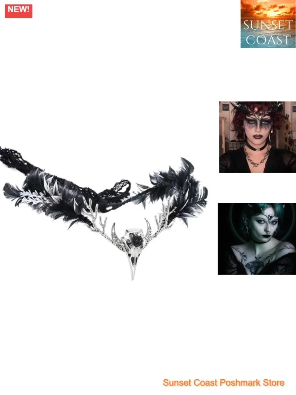Handmade Black Gothic Raven Feather Crown Circlet with Skull
